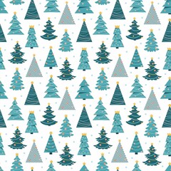 Seamless pattern with cartoon Christmas trees on a white background. Simple scandinavian trendy flat vector. Hand drawing. Design for fabric, print, wrapper