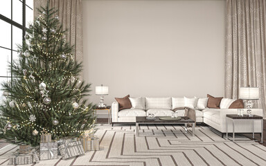 Christmas tree with presents in living room interior design. Hampton style. Mockup white wall in luxury home background. 3d render illustration.