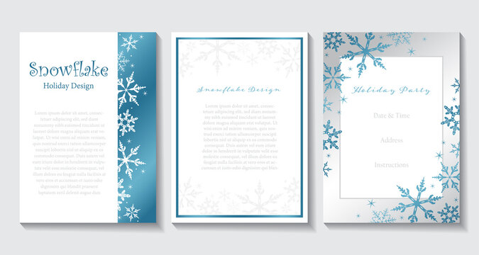 A set of silver and blue snowflake invitation designs
