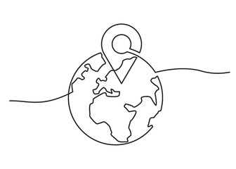 Continuous line drawing of globe with point location. Vector illustration