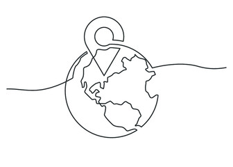 Continuous line drawing of globe with point location. Vector illustration