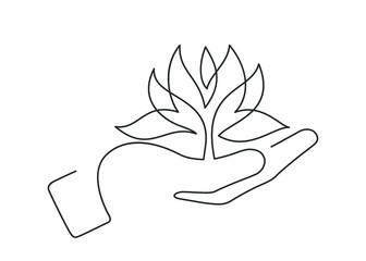 Continuous line drawing of lotus flower in hand on white background. Vector illustration