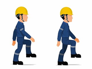 set of industrial worker is stepping up the stair on white background