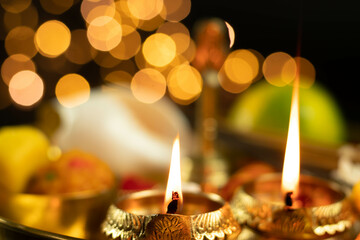Illuminated Metal Brass Lamp Called Diya Deep Or Dia Glowing With Bokeh. Theme For Diwali,...