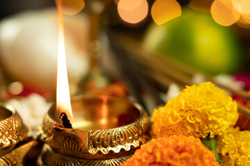Illuminated Metal Brass Lamp Called Diya Deep Or Dia Glowing With Bokeh. Theme For Diwali,...