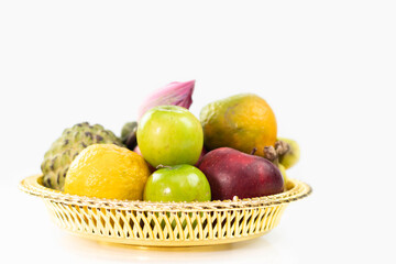 Golden Tray Pooja Ki Thali With Fruits Like Sev, Santara, Ber, Custard Apple shareepha. Theme For...