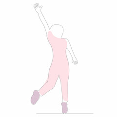 Silhouette of a girl in a jump with raised arms up in one continuous line. Flat style. Vector image isolated.
