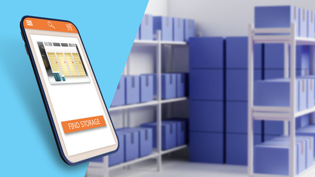Storage rental app. Search for free storage unit. Warehouse mobile app. Smartphone with Storage app. Application for renting warehouse. Search for warehouse space. Warehouse apps. 3d image