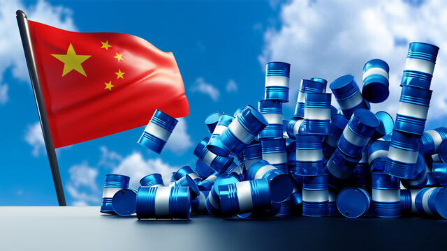 China oil market. Oil barrels fall against the background of Chinese flag. Fuel crisis in China. Fuel market collapse. Blue barrels are falling. Flag of the People Republic of China. 3d image.