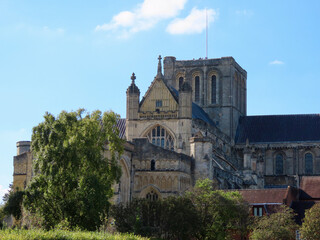 Fototapeta na wymiar East facade of Winchester cathedral and central tower, England, UK