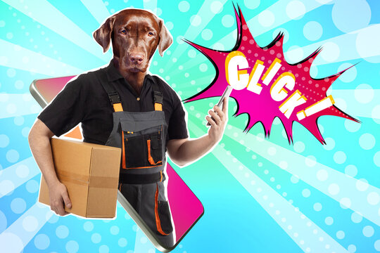A man with a dog head delivers a package. A modern collage. The metaphor is a dog work. A courier with a tablet.The word Click in the frame. A bright invented picture. A courier with a dog head.