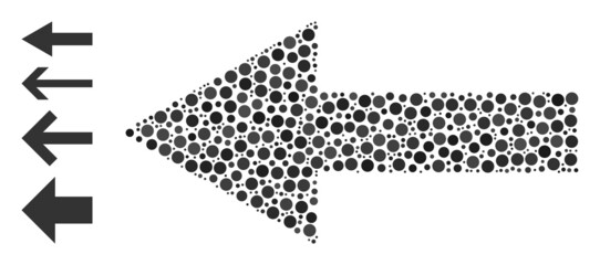 Round dot collage arrow left. Vector mosaic is based on arrow left icon, and formed from scattered spheric parts. Vector icon of arrow left constructed of scattered round pixels.