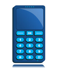 Obraz premium Blue push button mobile phone. 3d telecommunication vector illustration on white background. 90s retro style phone icon with buttons, lcd and numbers. 