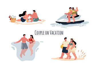 Romantic vacation for a couple at sea.A man and a woman are having an active vacation.Vector flat.