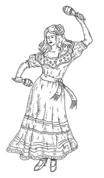 Woman dancing with maracas. She is dressed in mexican national clothes. Vintage engraving