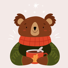 A very cute bear with a warm red scarf and a large cup of cocoa.