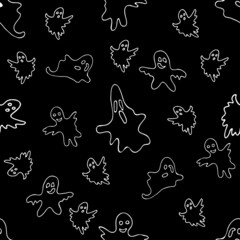 Black and white hand drawn seamless pattern with ghosts