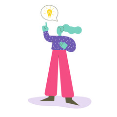 Woman standing with speech bubble and idea lamp sign. Vector illustration in contemporary flat cartoon style.