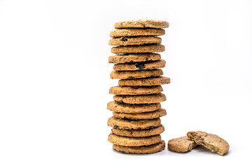 Close up delicious homemade milk cookie or biscuit with Raisin stack - isolated on white background with clipping path