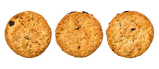 Close up  of three delicious homemade milk cookies or biscuits with Raisin - isolated on white background with clipping path