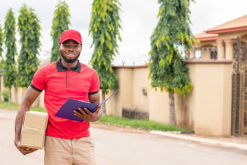 african delivery worker holding a manifest and a package