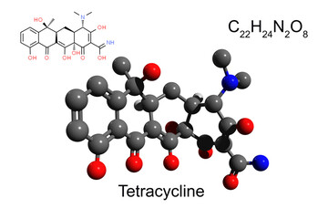 Chemical formula, structural formula and 3D ball-and-stick model of antibiotic tetracycline, white background