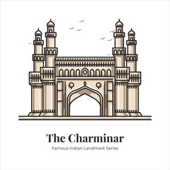 The Charminar Indian Famous Iconic Landmark Cartoon Line Art Illustration