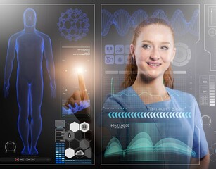 Doctor in futuristic medical concept pressing button