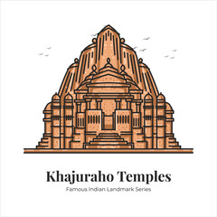 Khajuraho Temples Indian Famous Iconic Landmark Cartoon Line Art Illustration