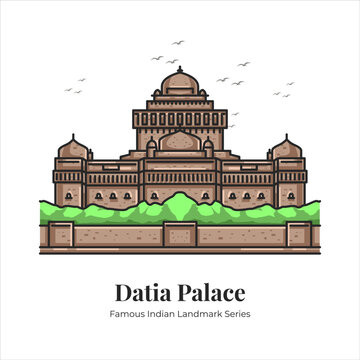 Datia Palace Indian Famous Iconic Landmark Cartoon Line Art Illustration