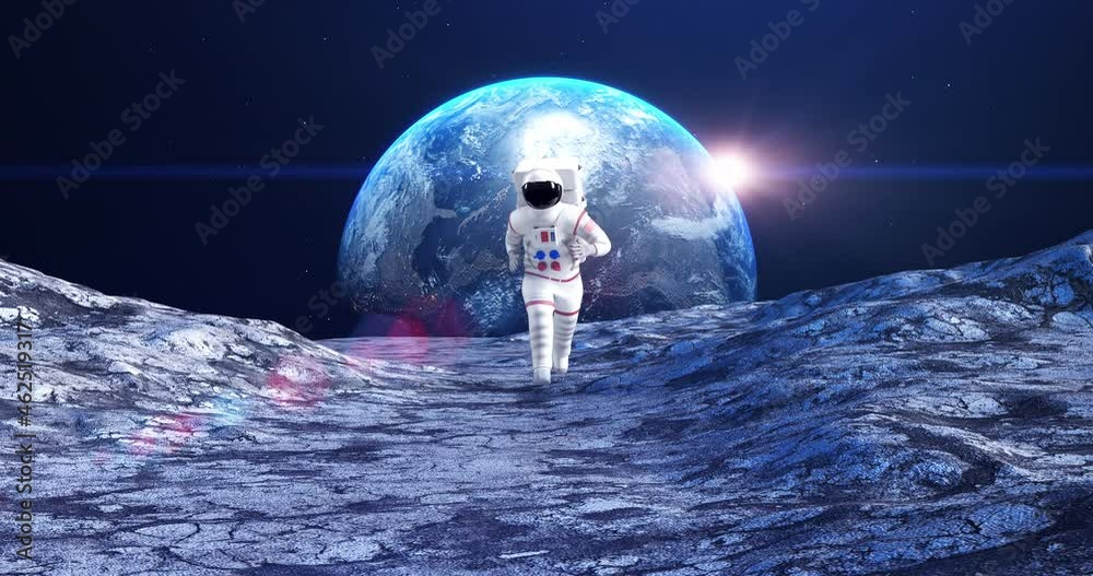 Wall mural brave astronaut running on a planet surface in slow motion. space and technology related 3d animatio
