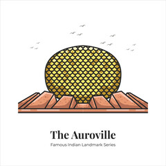 The Auroville Indian Famous Iconic Landmark Cartoon Line Art Illustration