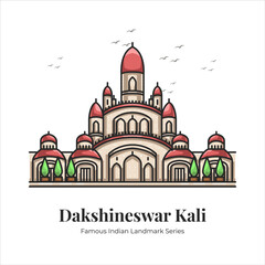 Dakshineswar Kali Indian Famous Iconic Landmark Cartoon Line Art Illustration