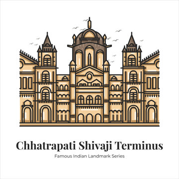 Chhatrapati Shivaji Terminus Indian Famous Iconic Landmark Cartoon Line Art Illustration