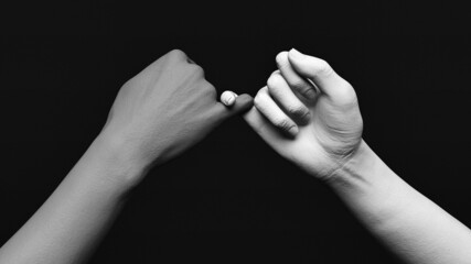 3D illustration of gray and white statue hands teasing each other's little fingers in a dark space. Promising gesture. - obrazy, fototapety, plakaty
