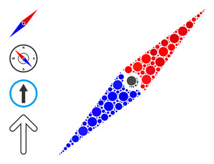 Rounded dot collage compass arrow. Vector collage is based on compass arrow symbol, and constructed of scattered round spots. Vector icon of compass arrow created of irregular round elements.