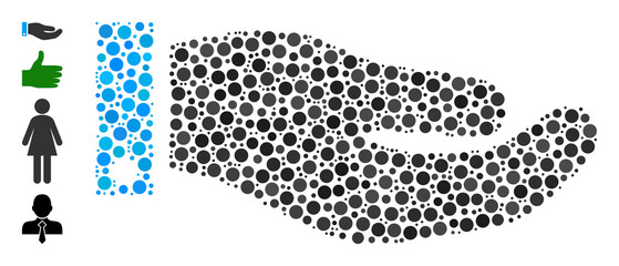 Round dot collage hand. Vector collage is based on hand icon, and designed of scattered spheric items. Vector icon of hand created of random round points.
