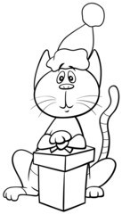 cartoon cat with gift on Christmas time coloring book page