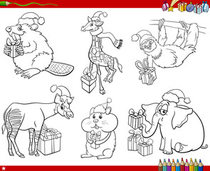 set of cartoon animals with Christmas gifts coloring book page