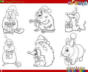 set of comic animals with Christmas gifts coloring book page