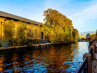 Yellow trees on the canal bank. Russia Saint Petersburg