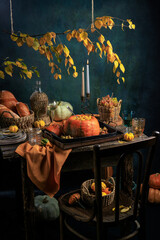 Autumn flat lay composition, with copy space on wooden background. Variety of edible and decorative gourds and pumpkins, rosehips, walnuts, cones, apples, kaki fruit, chestnuts and corn on the cob.