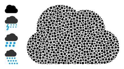 Round dot combination cloud. Vector collage is based on cloud icon, and created of scattered round elements. Vector icon of cloud designed of scattered round pixels.