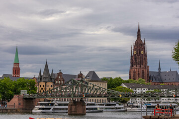 FRANKFURT, GERMANY, 25 JULY 2020:  View on the financial district with Main river in Frankfurt city