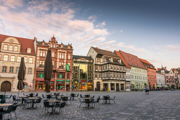 QUEDLINBURG, GERMANY, 28 JULY 2020: beautiful market square with half timbered houses at twilight