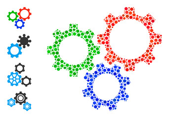 Circle combination gear box. Vector mosaic is based on gear box symbol, and constructed from randomized spheric elements. Vector icon of gear box constructed of randomized spheric elements.