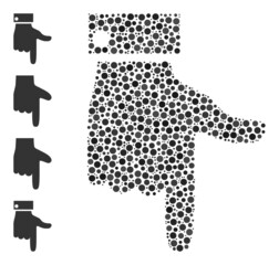 Round dot combination hand pointer down. Vector mosaic is based on hand pointer down icon, and composed of scattered round elements. Vector icon of hand pointer down composed of random round elements.