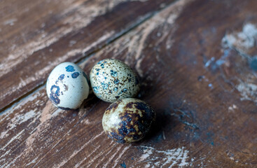 Obraz premium close up of tiny quail eggs on a rustic wood table