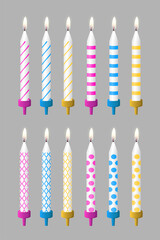 Set of multi-colored cake candles with realistic transparent flame. Vector elements for design.