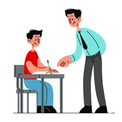 Teacher standing and helping student doing the task flat vector illustration